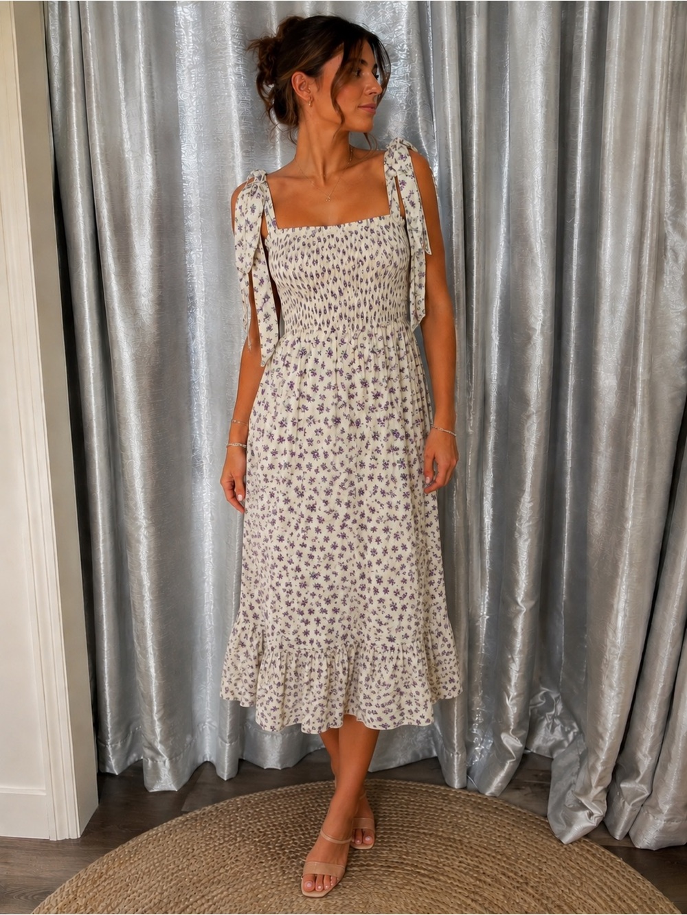 English Factory Cream Midi Dress with Purple Floral Print